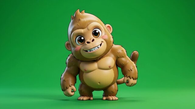 Cute cartoon monkey character standing on a green background, 3D rendering.