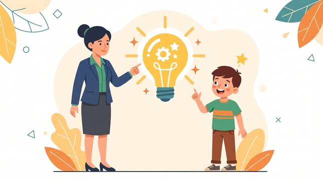 Illustration of a female teacher or mentor inspiring a young boy with a creative idea, symbolized by a large glowing lightbulb with a gear, representing education, innovation, and learning.