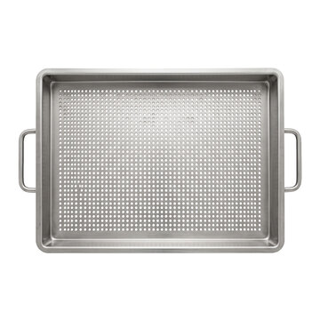 Perforated stainless steel tray with handles for kitchen and grilling use