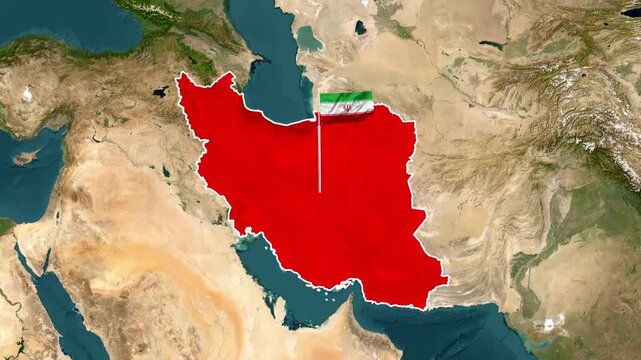 Iran map highlighted with waving national flag 3D animation footage