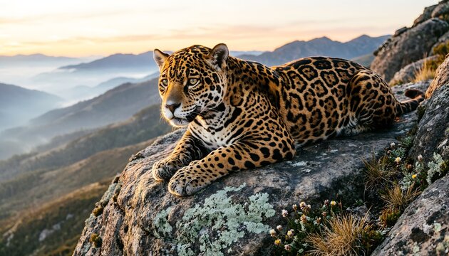 Wild Leopard Resting on Mountain Cliff