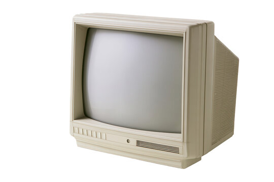 Vintage CRT computer monitor from the 1980s isolated on white background