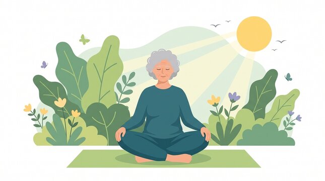 Peaceful senior woman sitting in lotus pose practicing meditation in a lush sunny garden, flat vector illustration representing healthy aging, mindfulness, and serenity in nature.