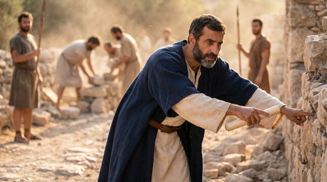 Biblical leader Nehemiah directing workers to rebuild Jerusalem wall in ancient setting