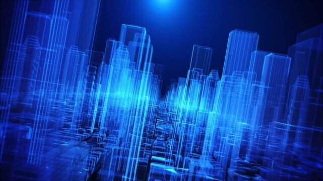 Transparent blue city model geometric structures, representing virtual construction digital urban planning. for digital twins, architecture, simulation, smart development, mapping infrastructure 