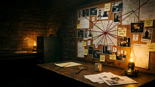 Detective investigation corkboard desk with photos strings documents magnifying glass oil lamp in dark vintage room with brick walls mystery crime solving thriller
