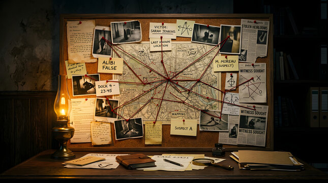 Detective investigation board with crime evidence map photos notes string connections on corkboard in a dark vintage office with an old lamp and documents