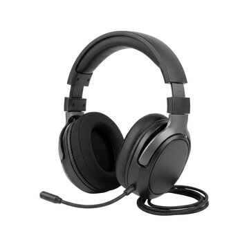 Professional black over-ear headphones with a flexible microphone and coiled cable