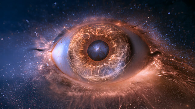 Norse myth odin abstract light effect, giant eye light floating in starry sky, rotating rune texture, world tree shadow in pupil, circling raven silhouettes, wise sacrifice asset for poster, packaging