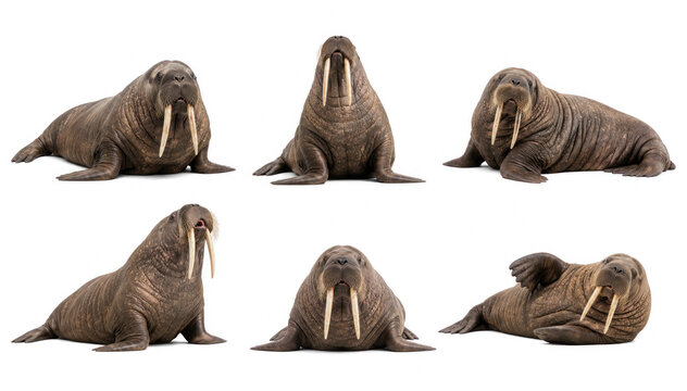 The walruses are depicted in various poses, showcasing their natural behavior in the wild. Created using AI.
