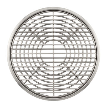 Round metal grill grate with concentric circles and crisscross pattern