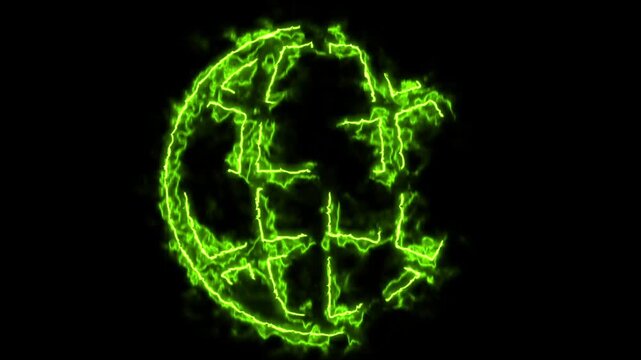 Green lightning globe icon forming with energy effects on black background for global communication and network technology motion clip.