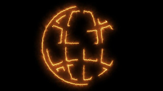 Globe icon formed by glowing orange fiery sparks particles forming world map shape against dark background cinematic motion graphic loop video.