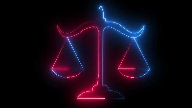 Neon scales of justice symbol glowing animation for legal and judicial concepts