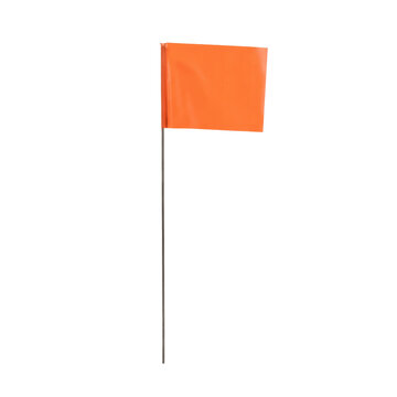Bright orange marker flag on a thin metal pole for outdoor surveying and construction