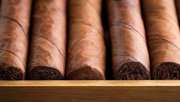 a close up of several brown cigars in a wooden box