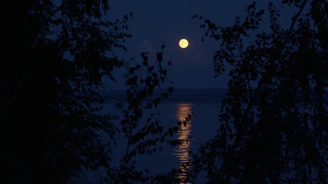 Full Moon shines in the night sky and reflects on the calm river surface