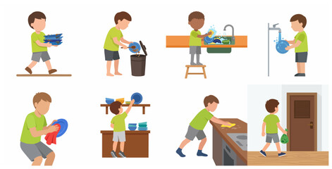 Flat vector illustration set of a little boy doing various kitchen chores and cleaning dishes