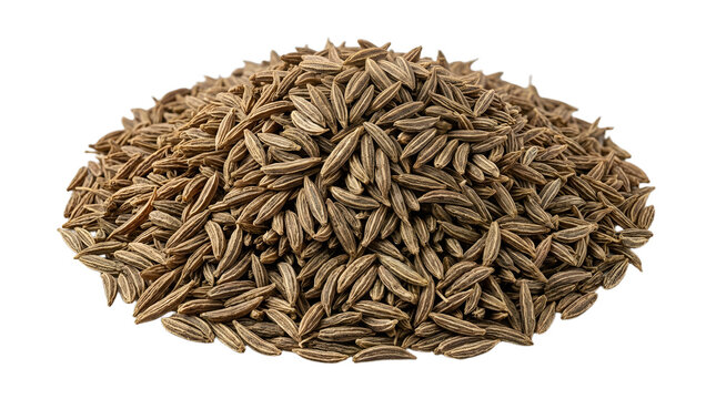 Macro Photo Of Earthy Cumin Seeds Heap Isolated On Solid White Background