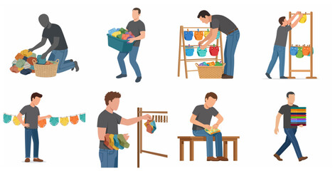Fototapeta premium Flat vector illustration of a man doing laundry chores with reusable cloth diapers, including sorting, drying, and folding nappies for baby care sustainability