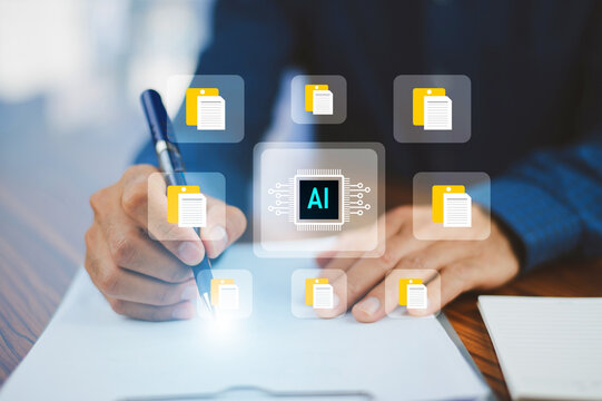 AI for document management concept. Businessman uses a laptop with AI support to classify file, organize data, and save business information in a smart folder.