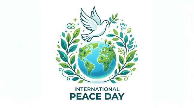 International peace day greeting card design featuring flying dove and earth globe, international