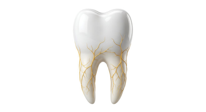 Human tooth with golden nerve roots, symbolizing dental health and medical science in clear, clean representation.