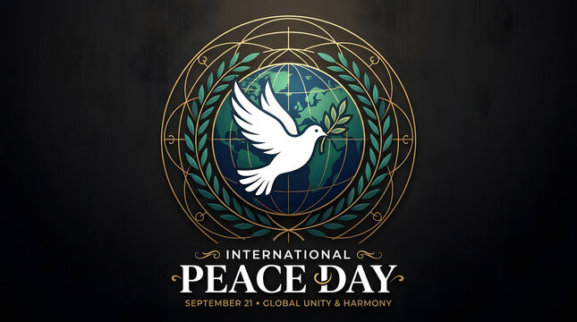 International peace day emblem with white dove holding olive branch over dark background, international