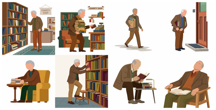 Flat Illustration Set of an Elderly Man Engaging in Reading and Book-Related Activities in a Library and at Home