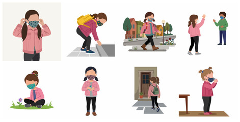 Fototapeta premium Vector Illustration Set of a Girl Wearing a Face Mask and Practicing Pandemic Health Protocols