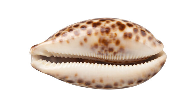 Natural tiger cowrie sea shell displays distinctive brown spots on cream surface suitable for coastal decor and marine biology collections.