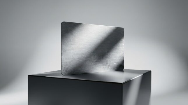 Blank metal card standing on a dark cube block