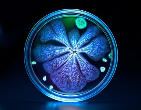 fluorescent microscope light shining on a petri dish biology cells
