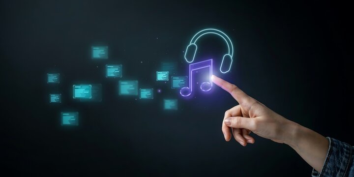 Interactive finger touching glowing neon music note and headphones holographic projection interface with floating digital data boxes on dark abstract technological.
