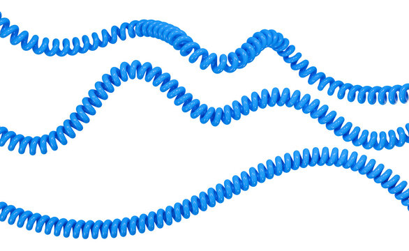 Wavy blue spiral telephone cords for retro telecommunication design and emergency hotline concepts. 3D Rendering.