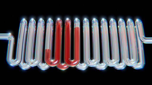 3D Rendered Transparent Glass Coil Tube Partially Filled with Red Liquid on Black Background.