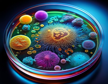 laboratory petri dish with vibrant mold growth and bacteria patterns