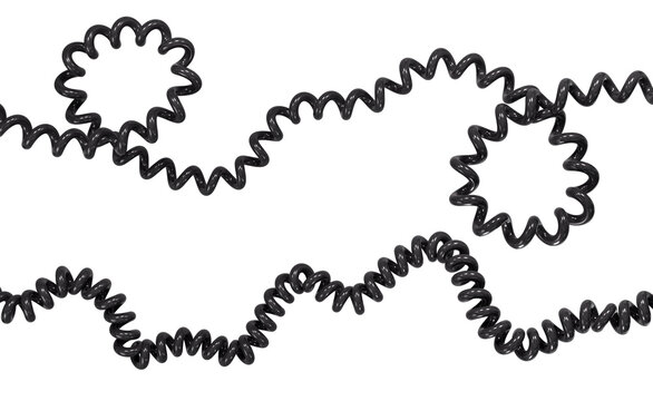 Tangled black spiral telephone cords for retro telecommunication design and communication breakdown concepts. 3D Rendering.