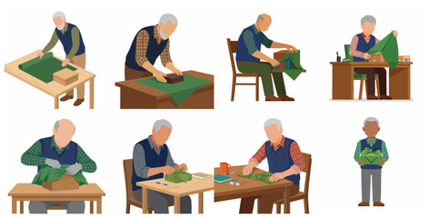 Fototapeta premium Senior Men Wrapping Gifts with Fabric in Traditional Furoshiki Style Vector Illustration