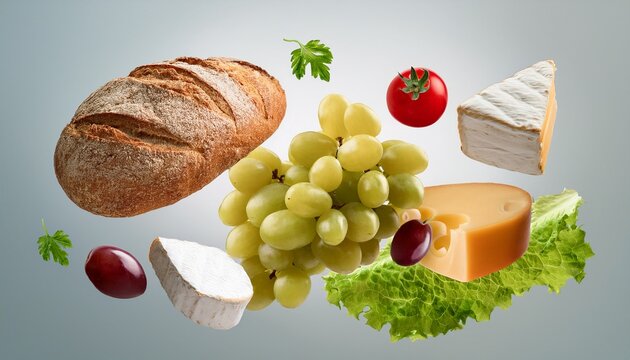 minimal elegant levitation of grapes hard cheese wedge camembert wheel olives pear rustic bread loaf cherry tomatoes on vine lettuce leaves clean spacing between objects