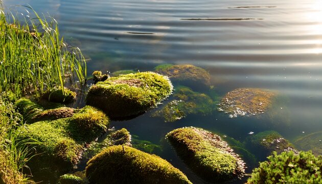 moss covered stones at lake bottom reflect warm sunlight aquatic plants still water