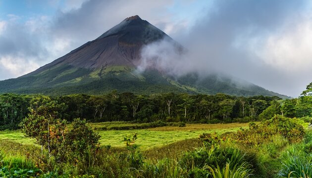 lush green landscape surrounds arenal volcano s cone shaped peak misty clouds linger mist landscape