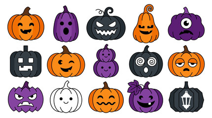 Fototapeta premium Halloween Pumpkin Icon Set - 15 Cute and Spooky Jack-O-Lantern Expressions
