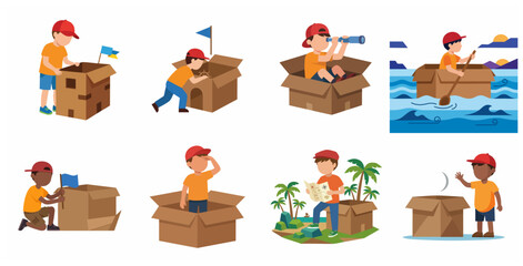 Creative Little Boy Imagining Adventures and Playing with Cardboard Boxes Vector Illustration Set