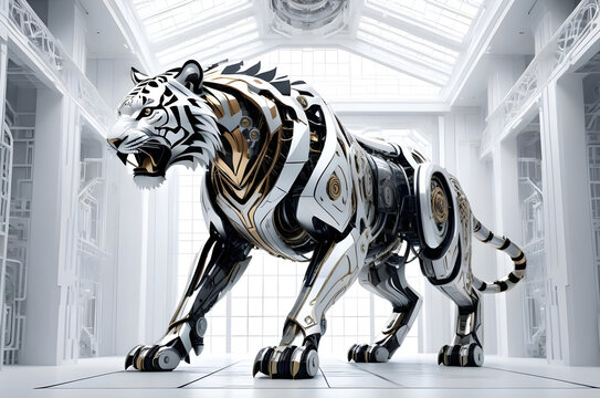 Mod&egrave;le 3D d'une gigantesque entit&eacute; m&eacute;canique ressemblant &agrave; un tigre, se tenant dans un laboratoire.