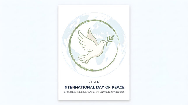 International day of peace poster design with a white dove holding an olive branch inside a circle