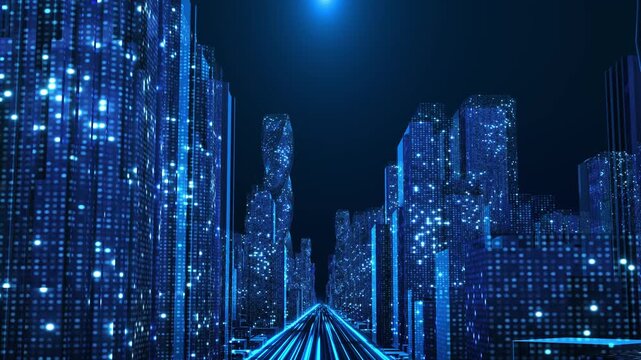 Blue cyber metropolis from street level high rises a fast central data route. for digital twins, spatial computing, smart mobility, connected infrastructure, urban simulation, telecom futuristic city