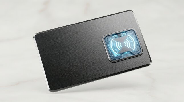 Black metal credit card with glowing contactless payment chip technology