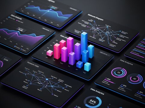 Futuristic Data Analytics Dashboard Displaying Vibrant 3D Bar Charts, Network Graphs, and Interactive Digital Metrics on Sleek Devices