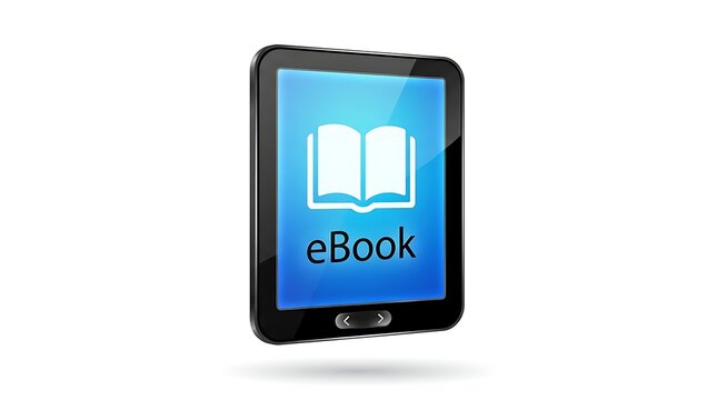Electronic reader tablet icon with book symbol for digital library and online education.